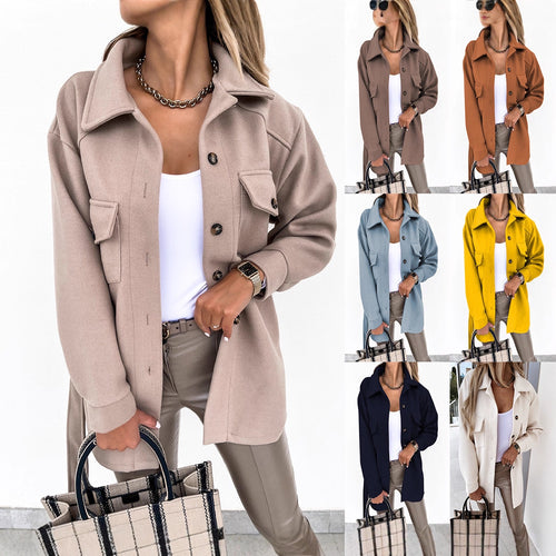 Damen Modische Overshirt-Jacke mit aufgesetzten Taschen und Knopfverschluss Drune