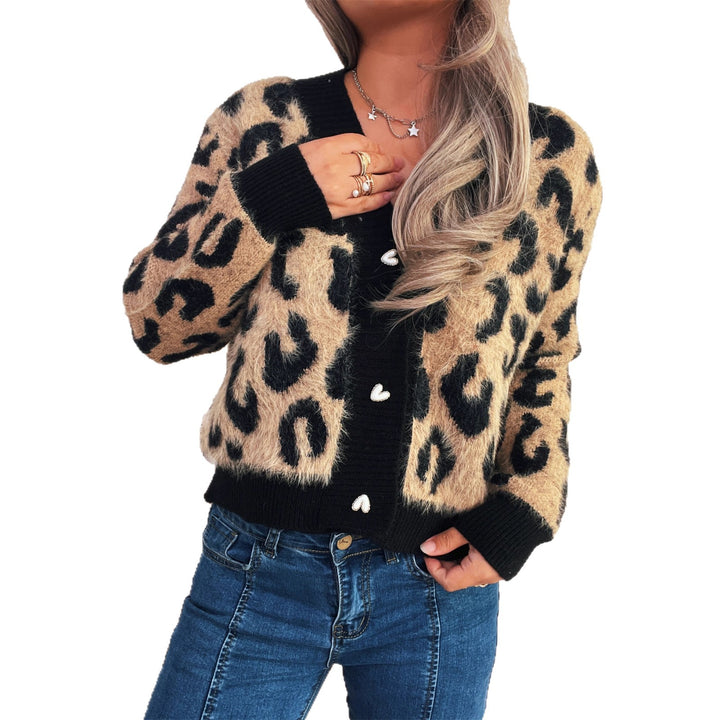 Damen oversized Strickjacke mit tierischem Leopardenmuster und knöpfbarem Design Drune