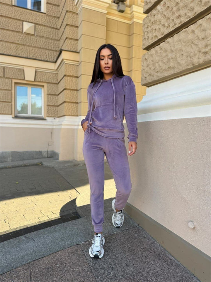 Damen lässiges Fleece-Jogginganzug-Set mit Kapuze und elastischem Bund Drune