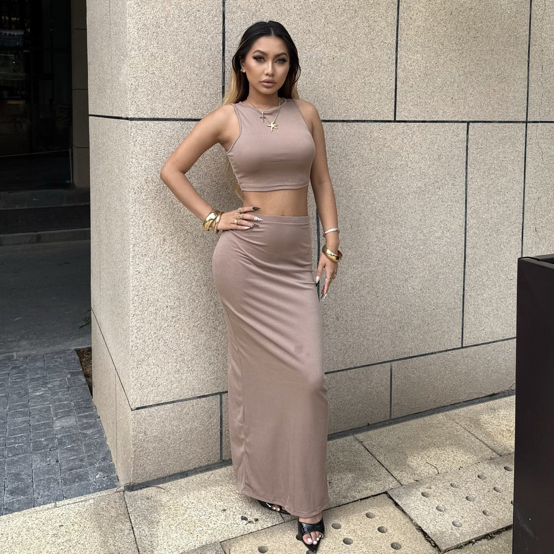 Damen Elegantes und figurbetontes Halbarm-Top mit hohem Schnitt und passendem Rock Drune
