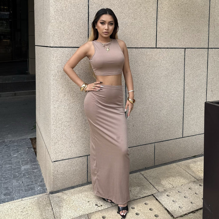 Damen Elegantes und figurbetontes Halbarm-Top mit hohem Schnitt und passendem Rock Drune