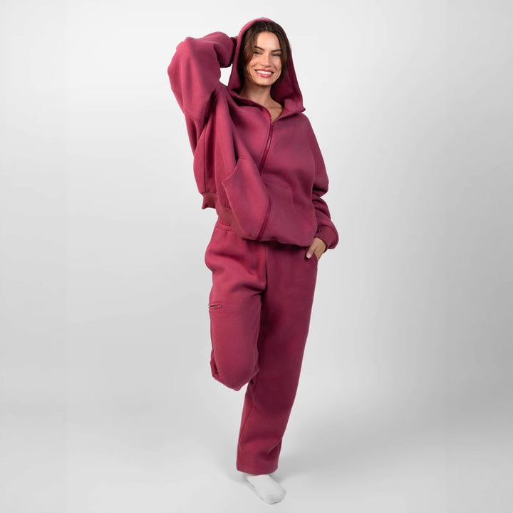 Damen Fleece-Loungewear-Anzug mit hohem Kragen Drune