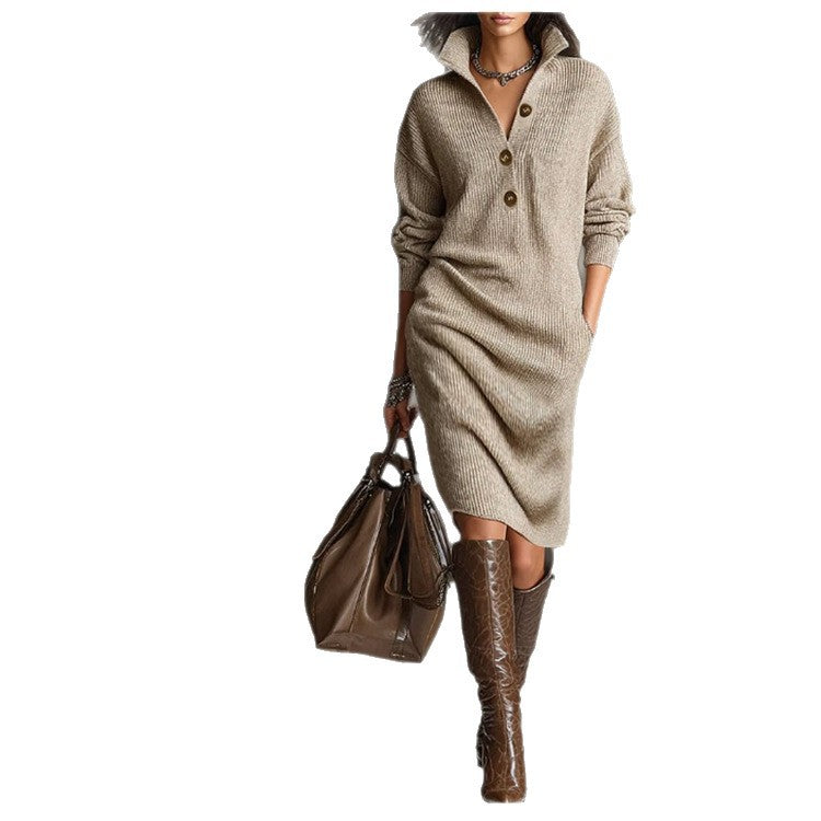 Damen nan gestricktes Pulloverkleid mit Polokragen, Eingrifftaschen und lässiger Passform Drune