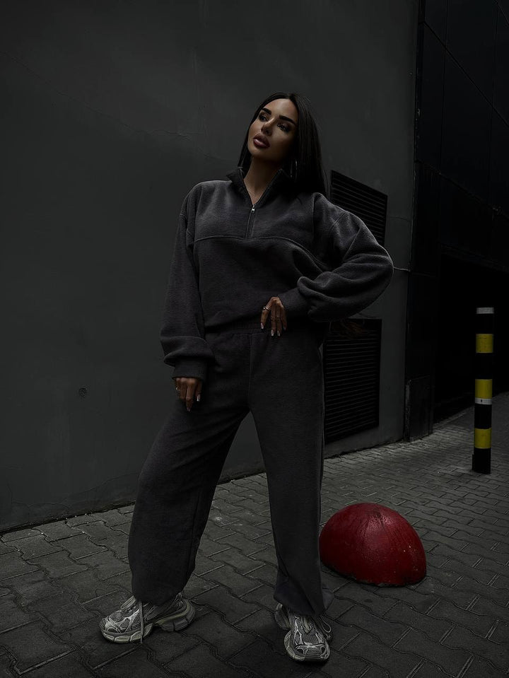 Damen Sportliches Fleece-Jogginganzug mit Stehkragen und Reißverschluss Drune