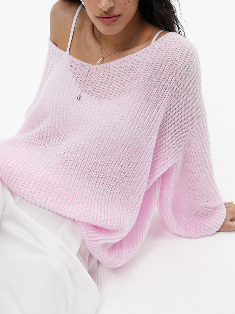Damen lässiger Strickpullover mit tiefem V-Ausschnitt und voluminösen Ärmeln Drune