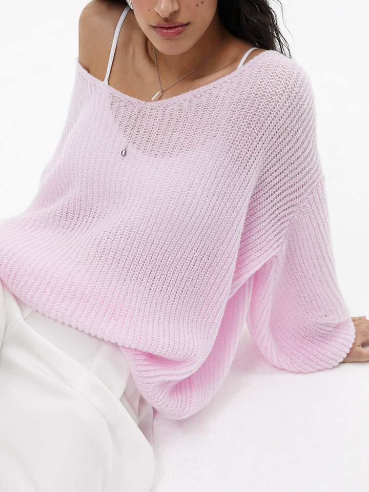 Damen lässiger Strickpullover mit weiten Ärmeln und tiefem V-Ausschnitt Drune