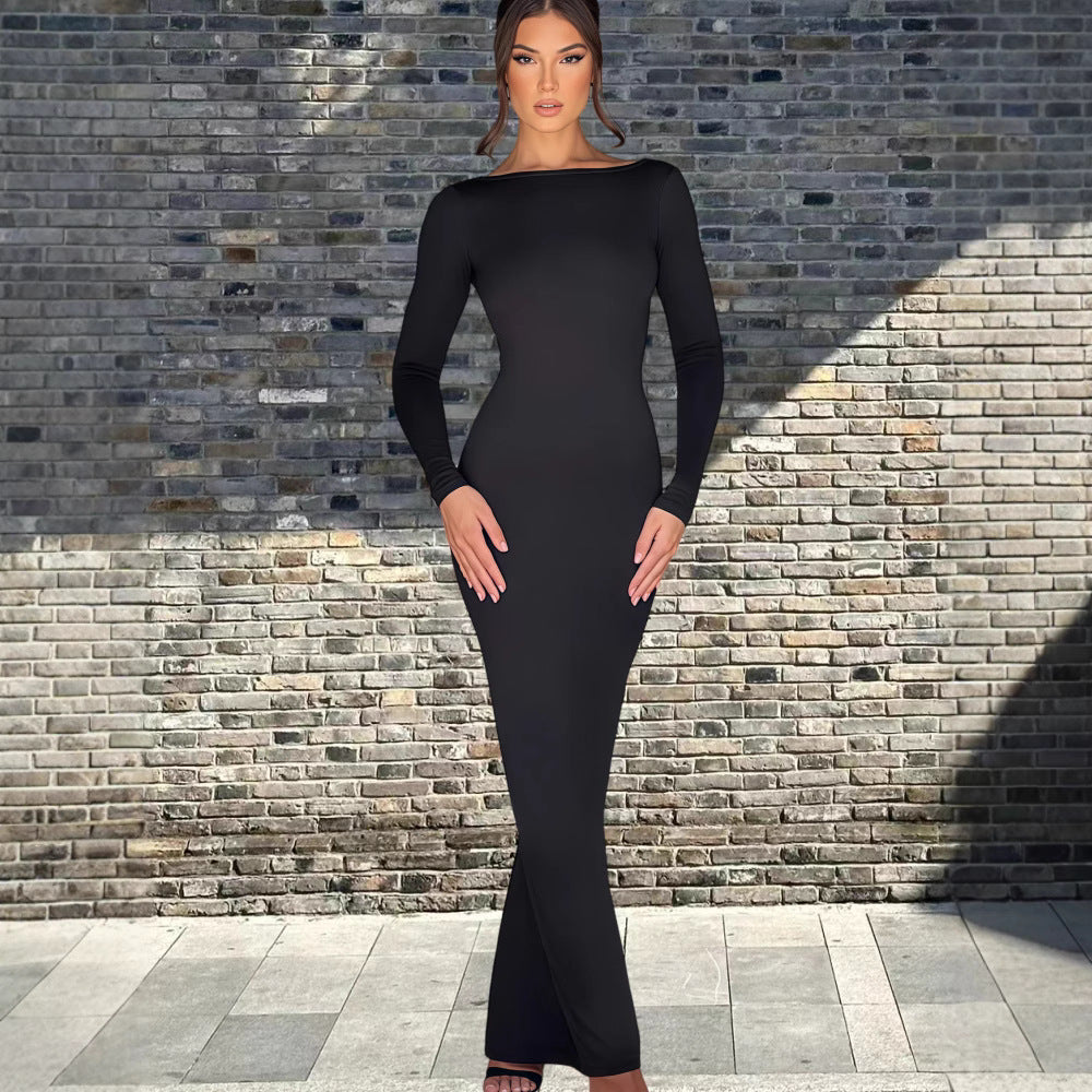 Damen Langarm-Maxikleid mit figurbetonter Silhouette und elegantem Ausschnitt Drune