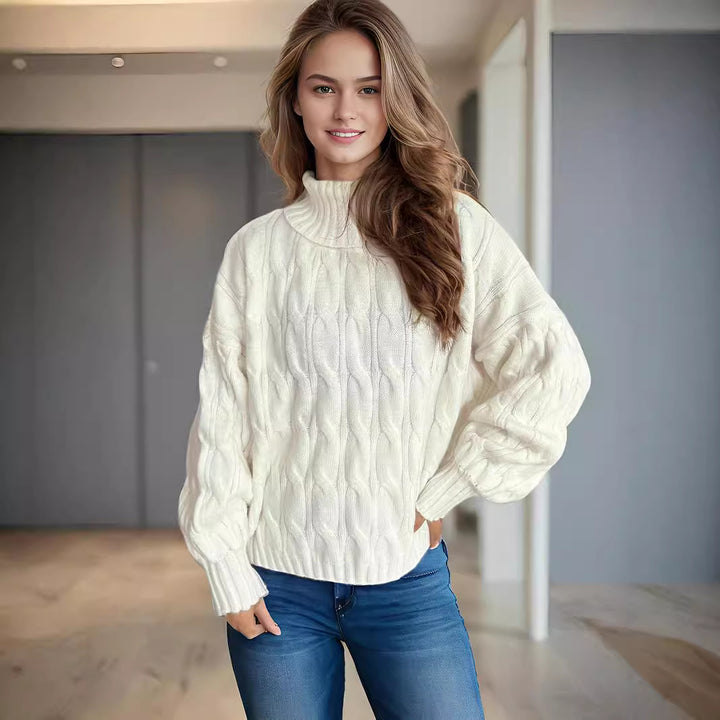 Damen Grobstrickpullover mit hohem Kragen und innovativem Zopfmuster Drune
