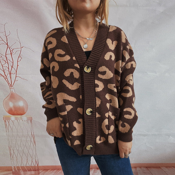 Damen grob gestrickte Cardigan mit tierischem Leopardenmuster und Knopfdetails Drune