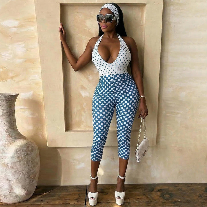 Damen Polka-Dot Jumpsuit mit tiefem V-Ausschnitt und elastischem Material Drune