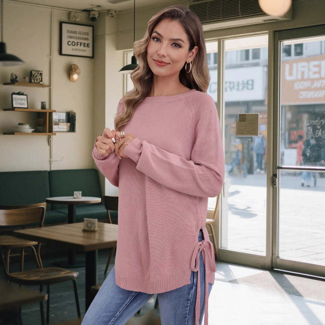 Damen modischer Pullover mit seitlichen Bindebändern Drune