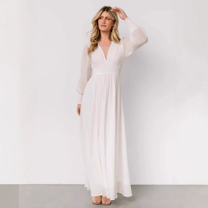 Damen elegantes Maxikleid mit V-Ausschnitt und transparenten Ärmeln Drune