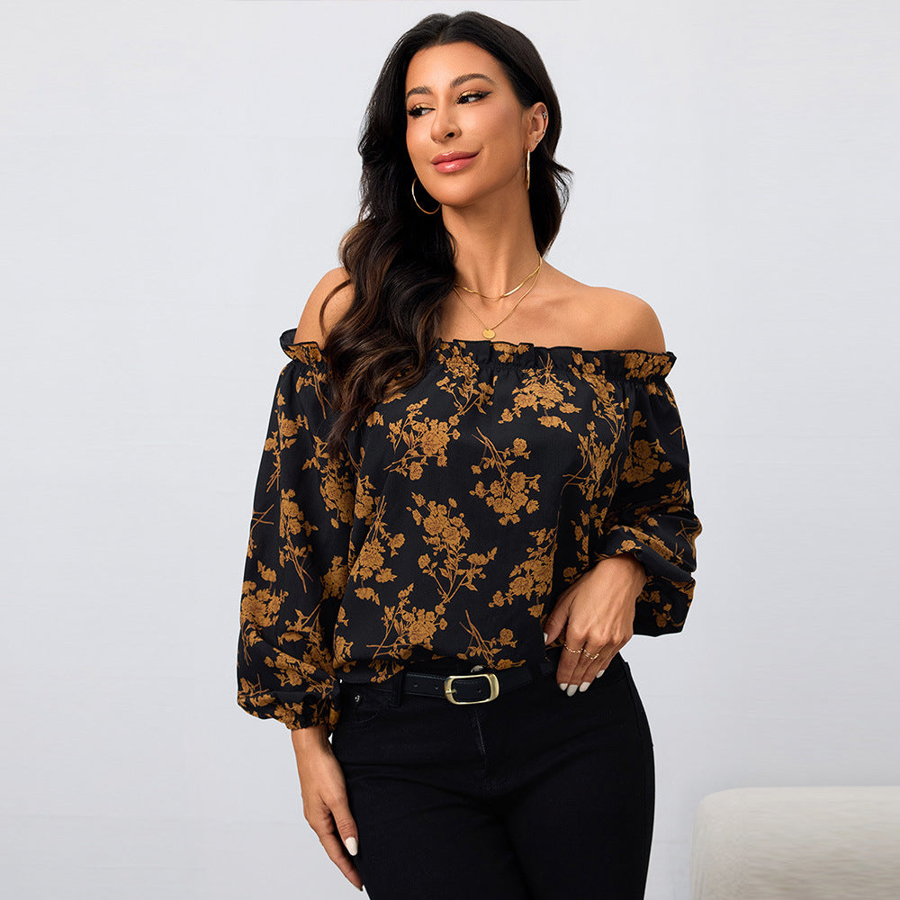 Damen Off-Shoulder Bluse mit floralen Mustern und elastischen Ärmeln Drune
