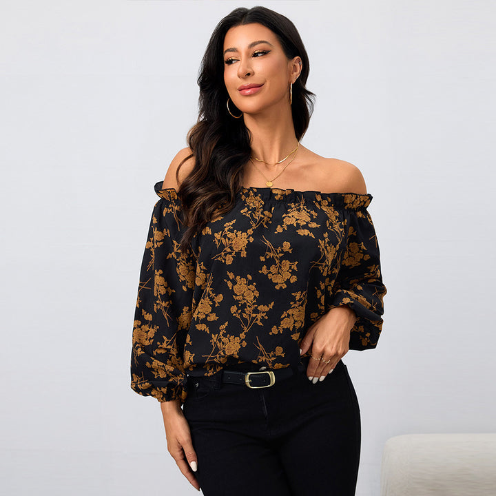 Damen Off-Shoulder Bluse mit floralen Mustern und elastischen Ärmeln Drune