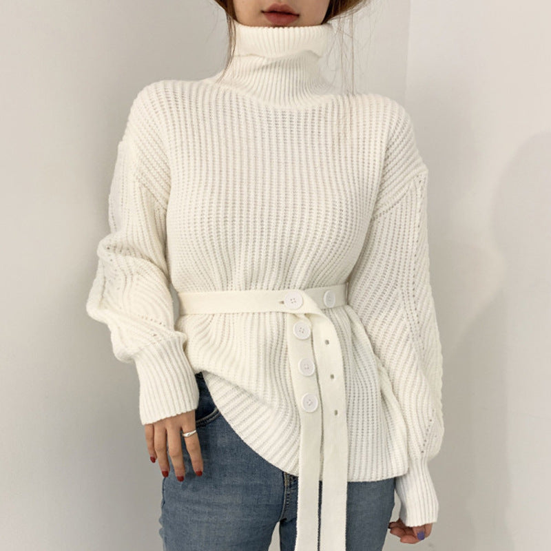 Damen lässiger Strickpullover mit modischem Gürtel Drune