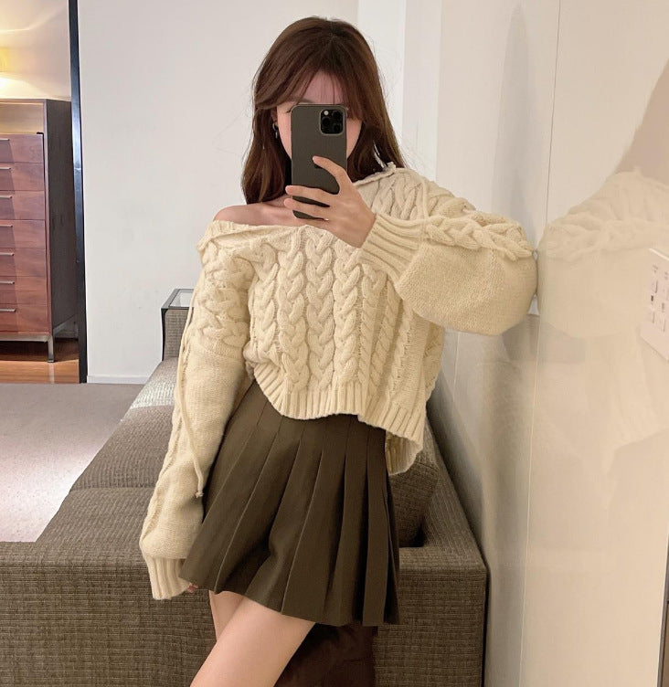 Damen Zopfmuster Pullover mit Kapuze und V-Ausschnitt Drune