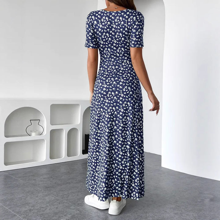 Damen nan tailliertes V-Ausschnitt Wickeloptik Maxikleid aus Viskosejersey mit kurzen Ärmeln und A-Linien-Saum Drune