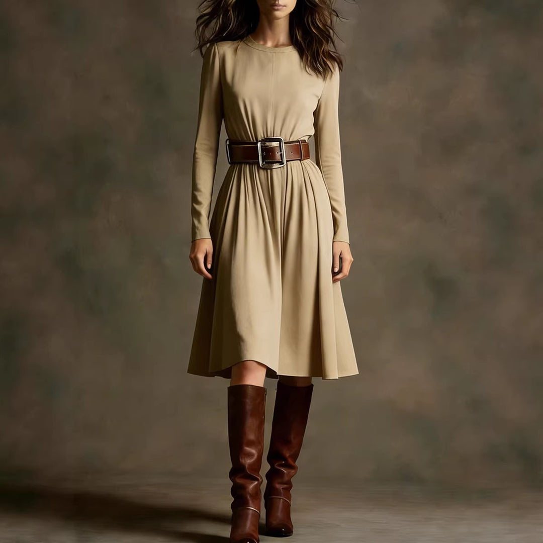 Damen Elegantes Kleid mit langem Arm und Taillengürtel Drune