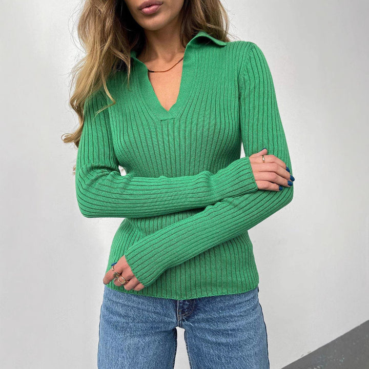 Damen Eleganter, gerippter Pullover mit tiefem V-Ausschnitt Drune