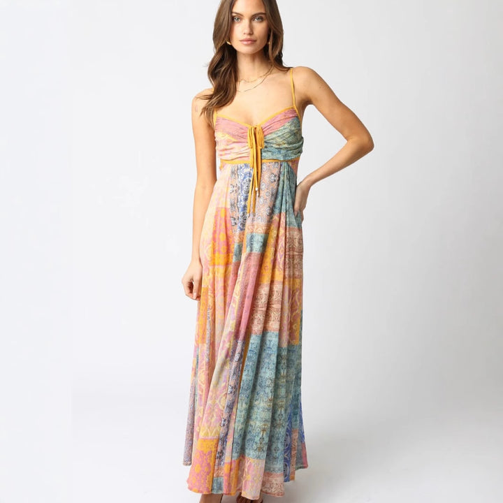 Damen nan bodenlanges Maxikleid mit gerafftem Bustier, Tunnelzug und Patchwork-Print Drune