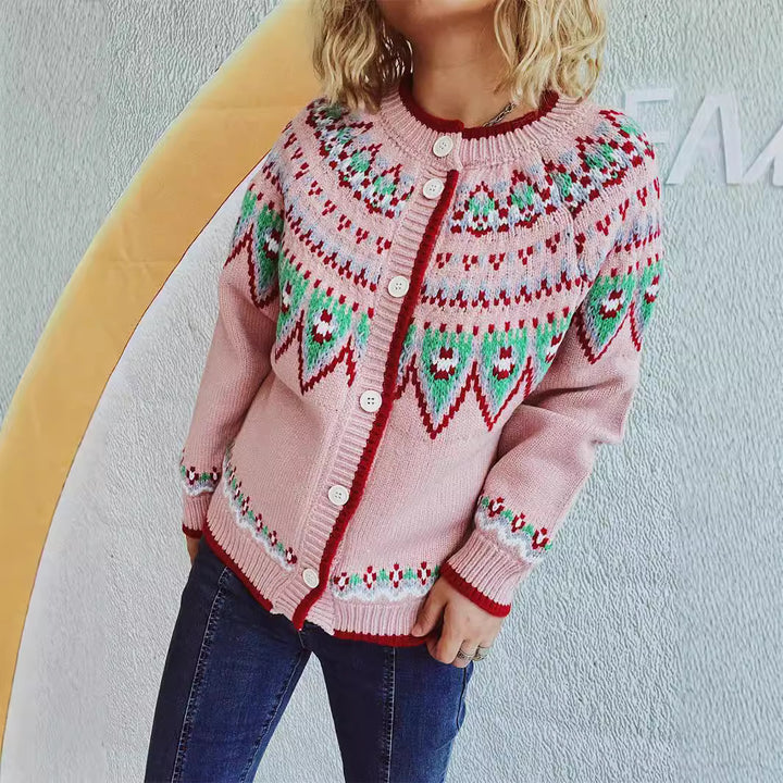 Damen Strickjacke mit festlichem Norweger-Muster und umschläglicher Knopfleiste Drune