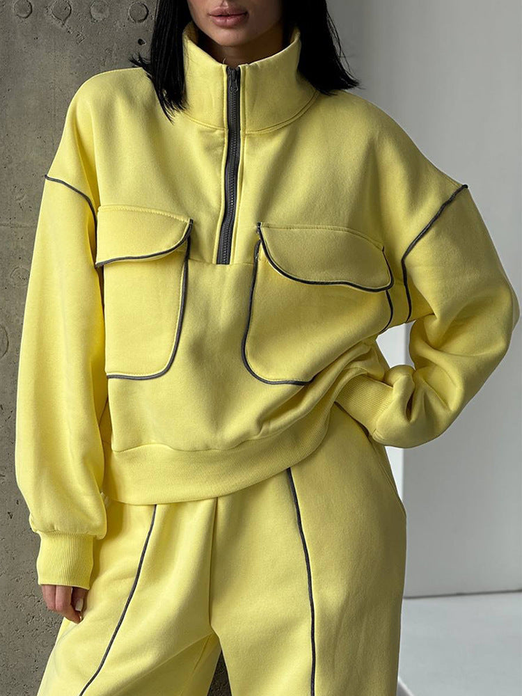 Damen nan Oversize Halbzip-Sweatshirt mit aufgesetzten Klappentaschen und Kontrastpaspeln Drune