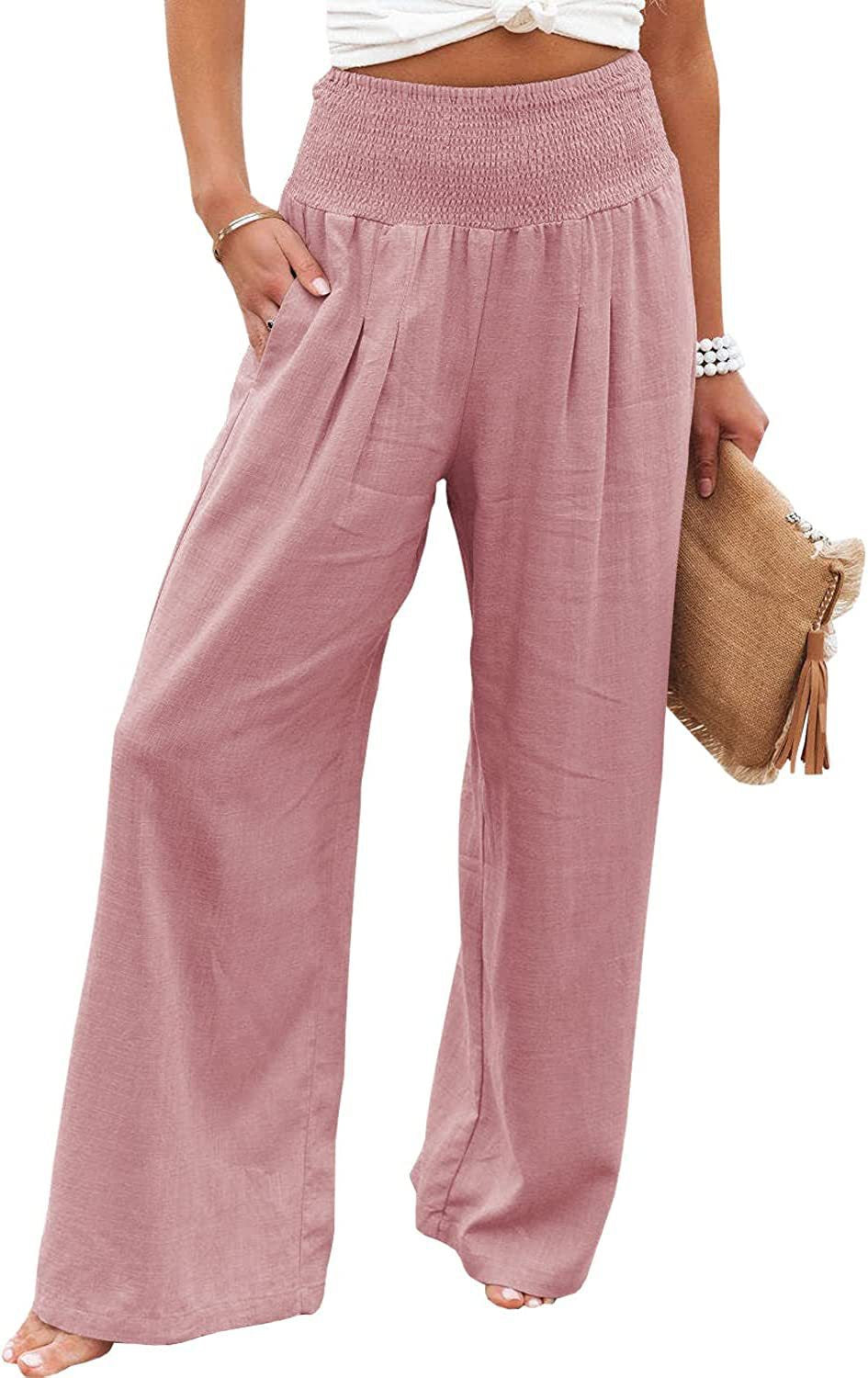 Damen lässige Palazzo-Hose mit elastischem Taillenbund und Seitentaschen Drune