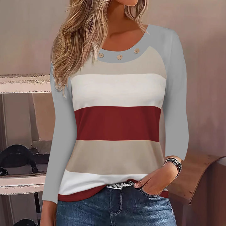 Damen Langarm T-Shirt mit modischem Streifenmuster und dekorativen Knöpfen Drune