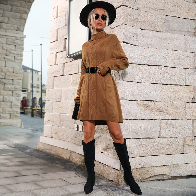 Damen Strickkleid mit hochgeschlossenem Kragen und modischem Zopfmuster Drune