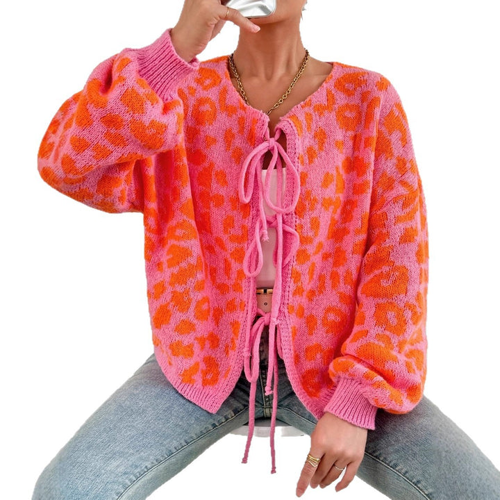 Damen Strickjacke mit einzigartigem Leopardenmuster und verstellbarem Kordelzug Drune