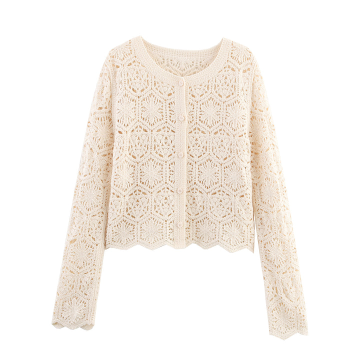 Damen lässige Strickjacke mit floralem Lochmuster und Knopfleiste Drune