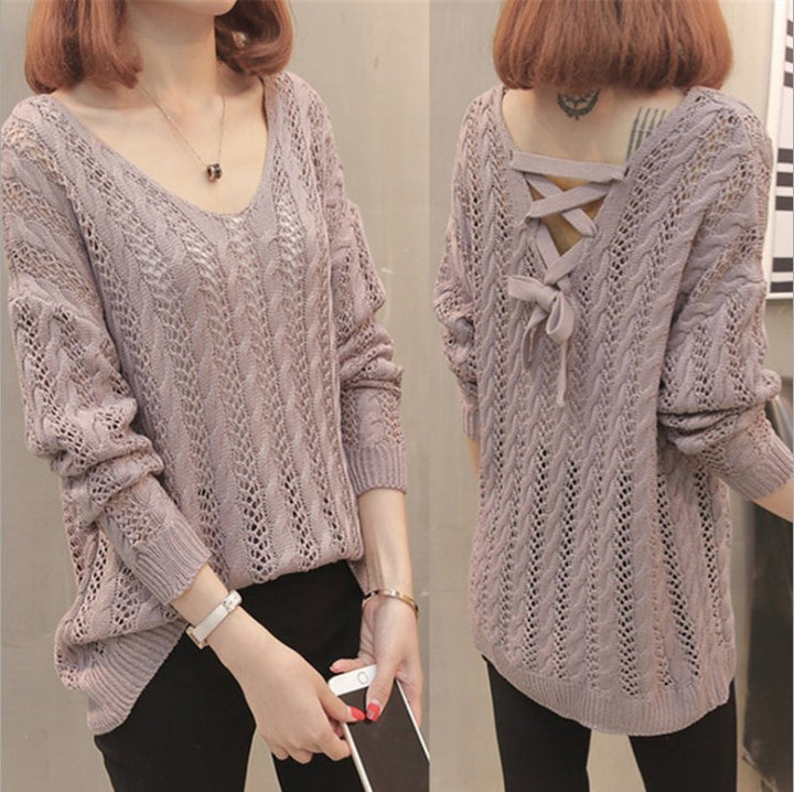 Damen lässiger Strickpullover mit V-Ausschnitt und feiner Lochstruktur Drune