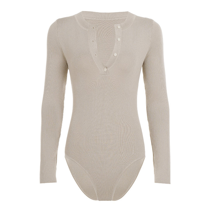 Damen Langarm-Bodysuit mit Knopfleiste und Rippstruktur Drune