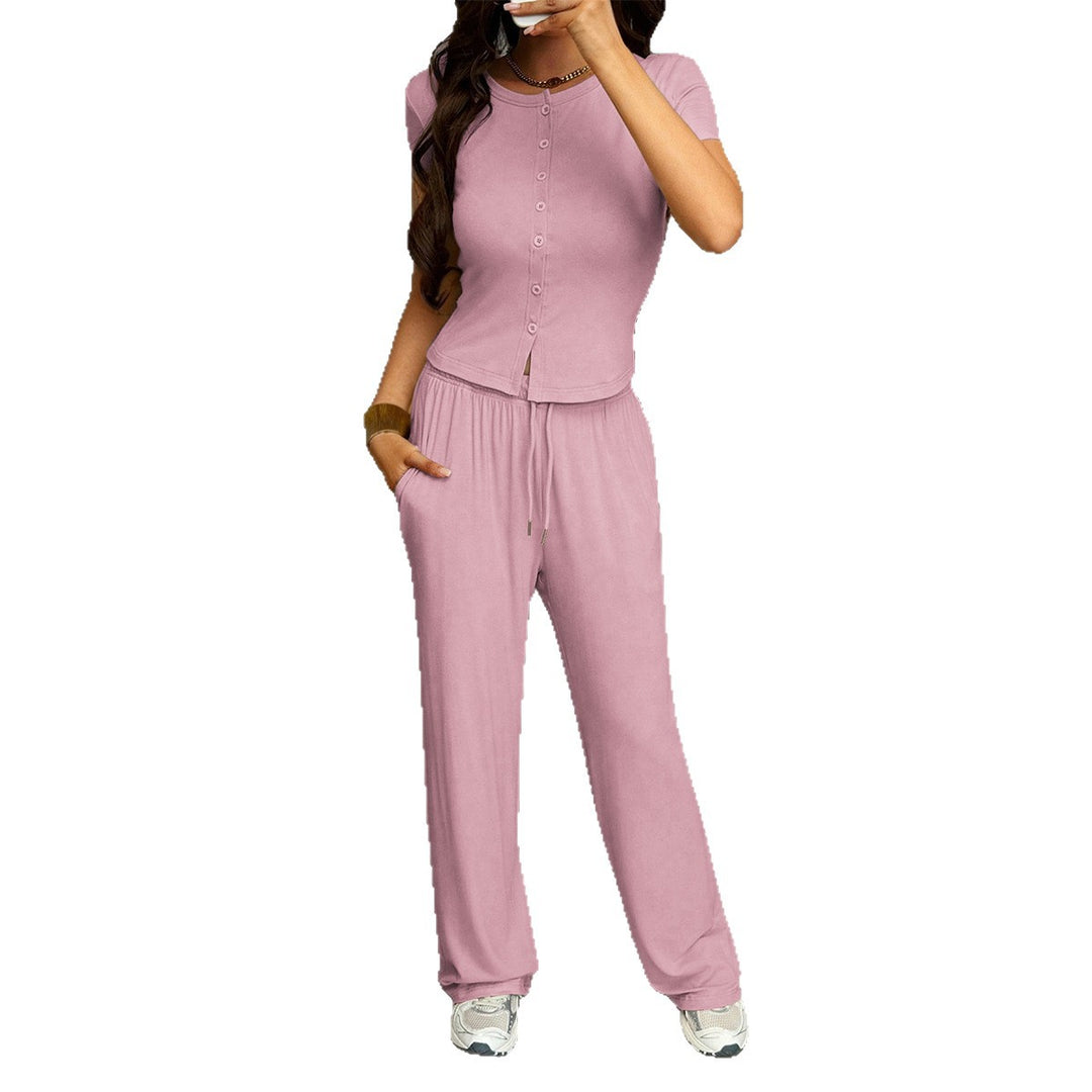 Damen Bequemes Zweiteiliges Set mit Kurzarmoberteil und lockerer Hose Drune