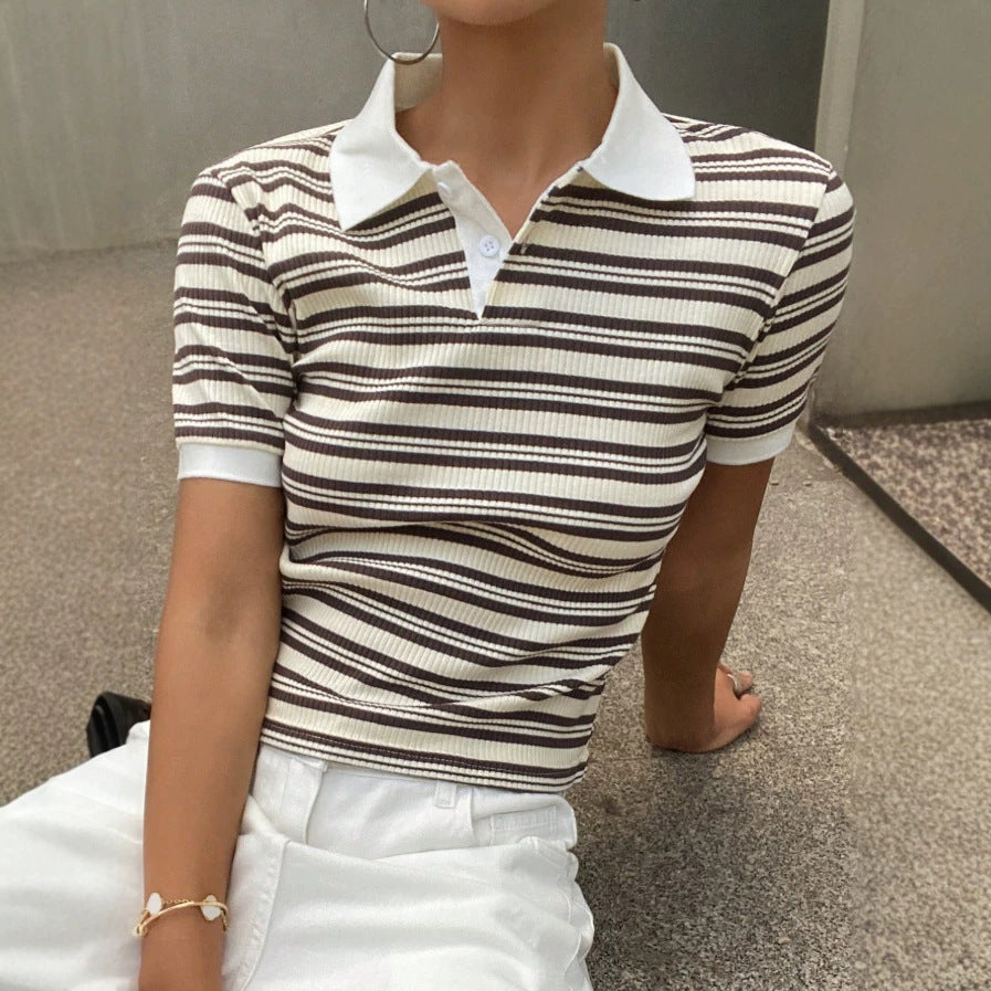 Damen Polo Shirt mit gestreiftem Design und feiner Rippstruktur Drune
