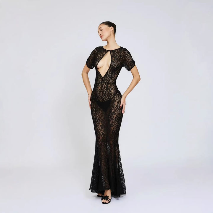 Damen Spitzenkleid mit tiefem Ausschnitt und ausgestelltem Schnitt Drune