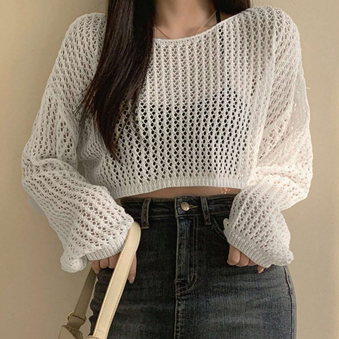 Damen luftiges cropped Strickoberteil im modernen Netzdesign Drune