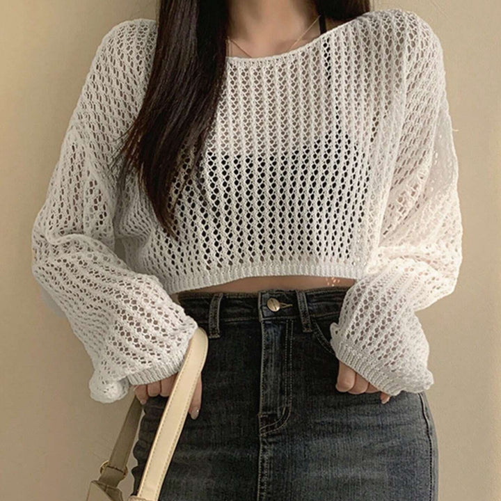 Damen luftiges cropped Strickoberteil im modernen Netzdesign Drune