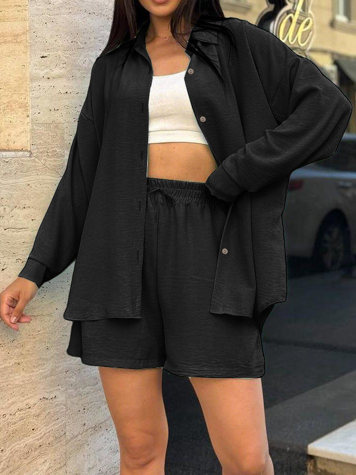 Damen lässiger Overshirt-Set mit elastischem Bund und weit geschnittenen Shorts Drune