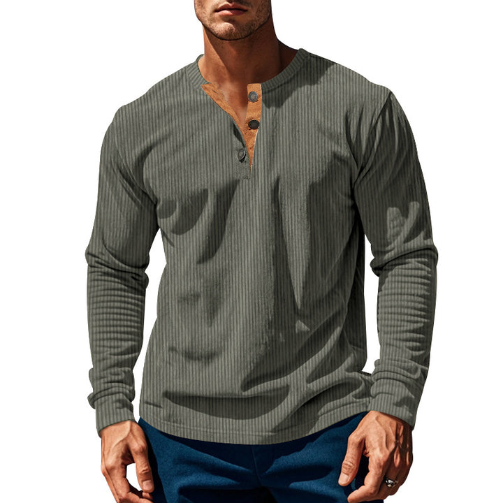 Herren nan geripptes Henley-Longsleeve mit Stehkragen, verdeckter Knopfleiste und relaxed Fit Drune