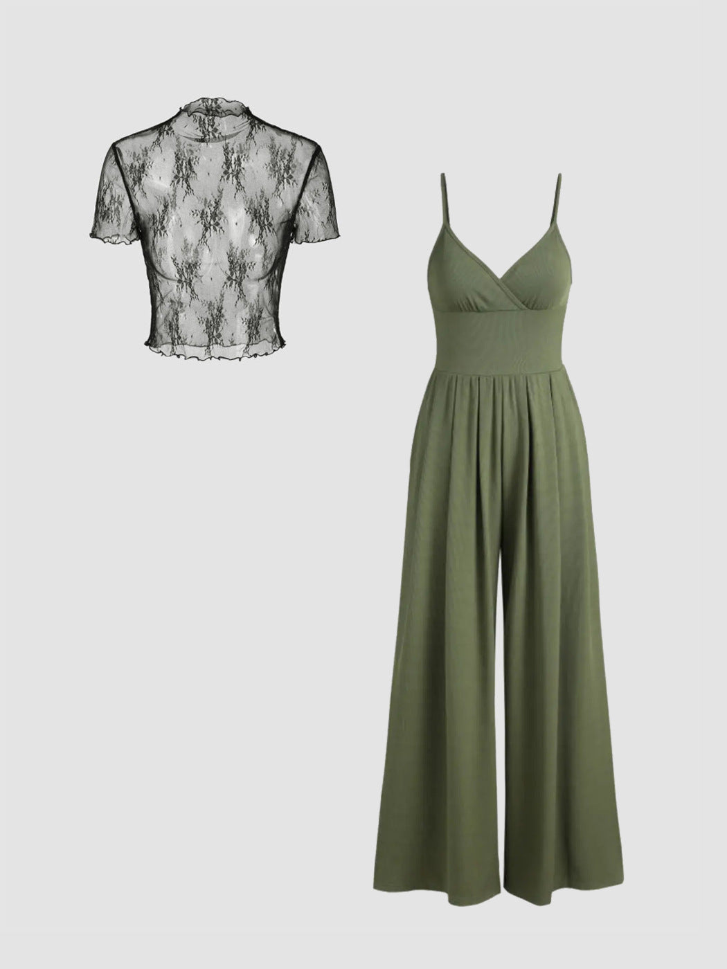 Damen elegantes V-Ausschnitt Jumpsuit mit transparenter Bluse Drune
