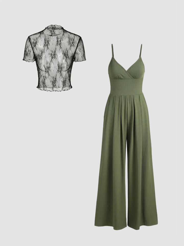 Damen elegantes V-Ausschnitt Jumpsuit mit transparenter Bluse Drune