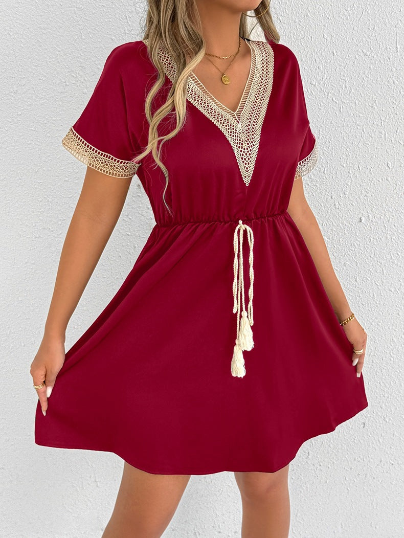 Damen Sommerkleid mit Häkelbesatz und Taillenzug Drune