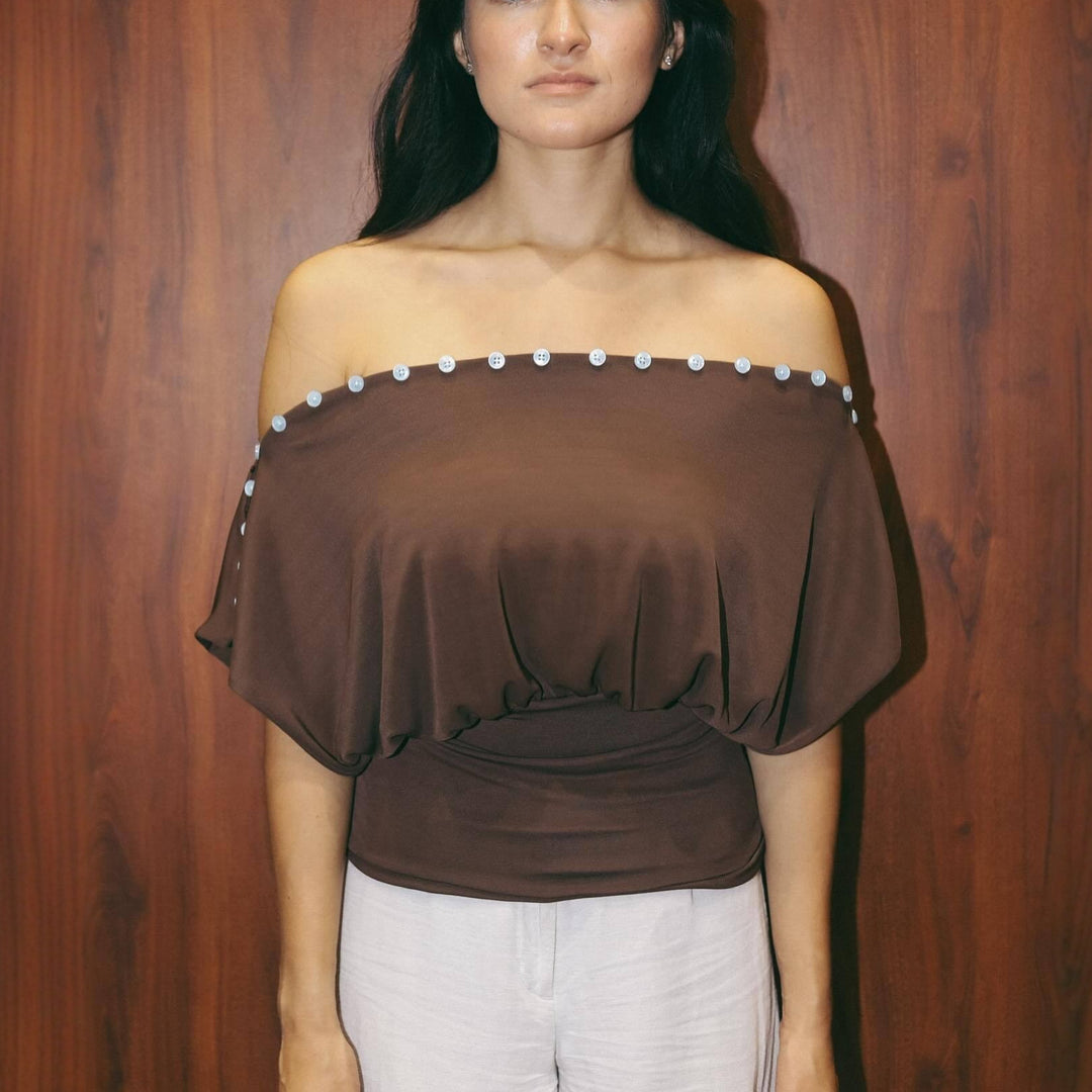 Damen Off-Shoulder Oberteil mit eleganter Knopfverzierung Drune