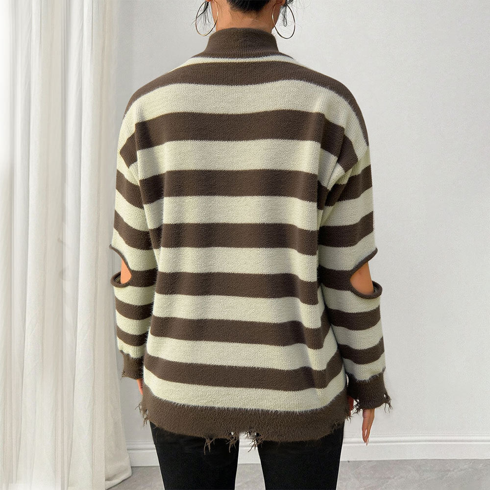 Damen Oversized Strickpullover mit Reißverschluss und seitlichen Cut-Outs Drune