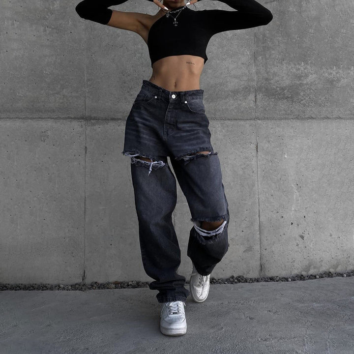 Damen Marlene-Jeans mit asymmetrischem Schnitt und Destroyed-Details Drune
