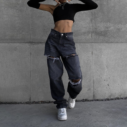 Damen Marlene-Jeans mit asymmetrischem Schnitt und Destroyed-Details Drune