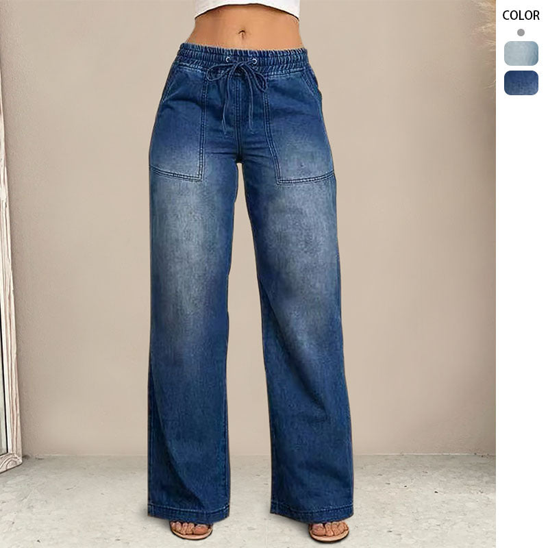 Damen Weit geschnittene Jeanshose mit elastischem Bund und modischem Used-Look Drune
