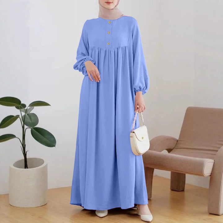 Damen luftiges Maxikleid mit bequemer Knopfleiste und eleganten Puffärmeln Drune