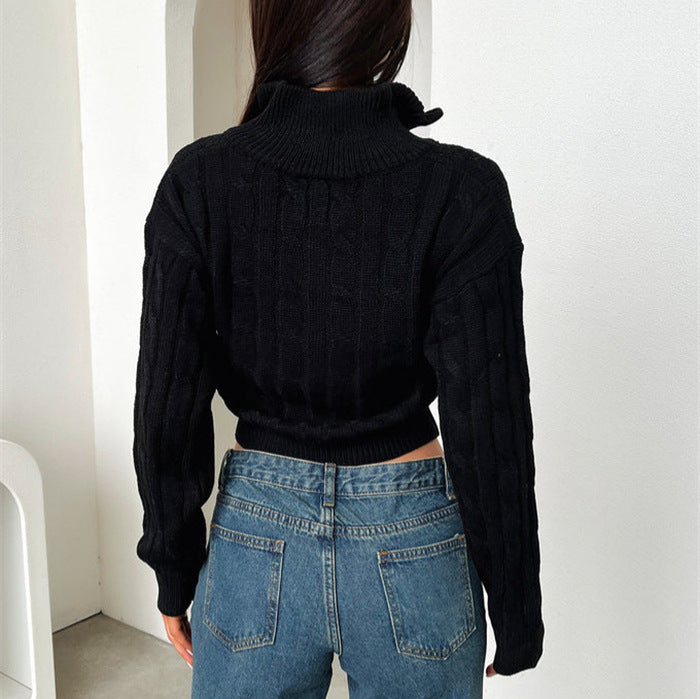 Damen Modischer Cropped Pullover mit Zipper und Strickdetails Drune